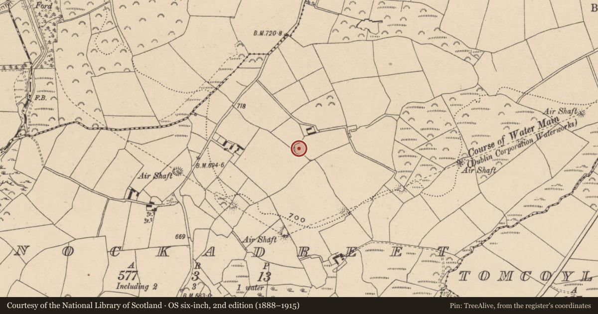 Ordnance Survey six-inch map, 2nd edition (1888–1915) covering the location of Enclosure, Knockadreet, County Wicklow, with a pin at the register's coordinates