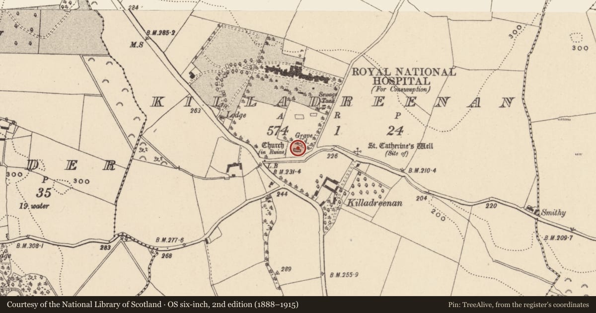 Ordnance Survey six-inch map, 2nd edition (1888–1915) covering the location of Church, Killadreenan, County Wicklow, with a pin at the register's coordinates
