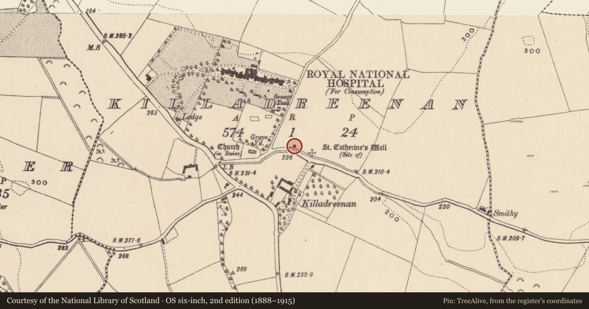 Ordnance Survey six-inch map, 2nd edition (1888–1915) covering the location of Ritual site - holy well, Killadreenan, County Wicklow, with a pin at the register's coordinates