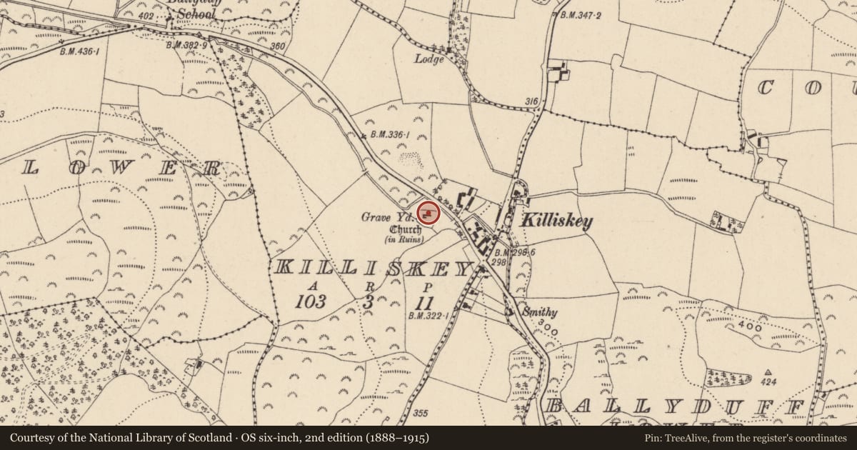 Ordnance Survey six-inch map, 2nd edition (1888–1915) covering the location of Church, Killiskey, County Wicklow, with a pin at the register's coordinates