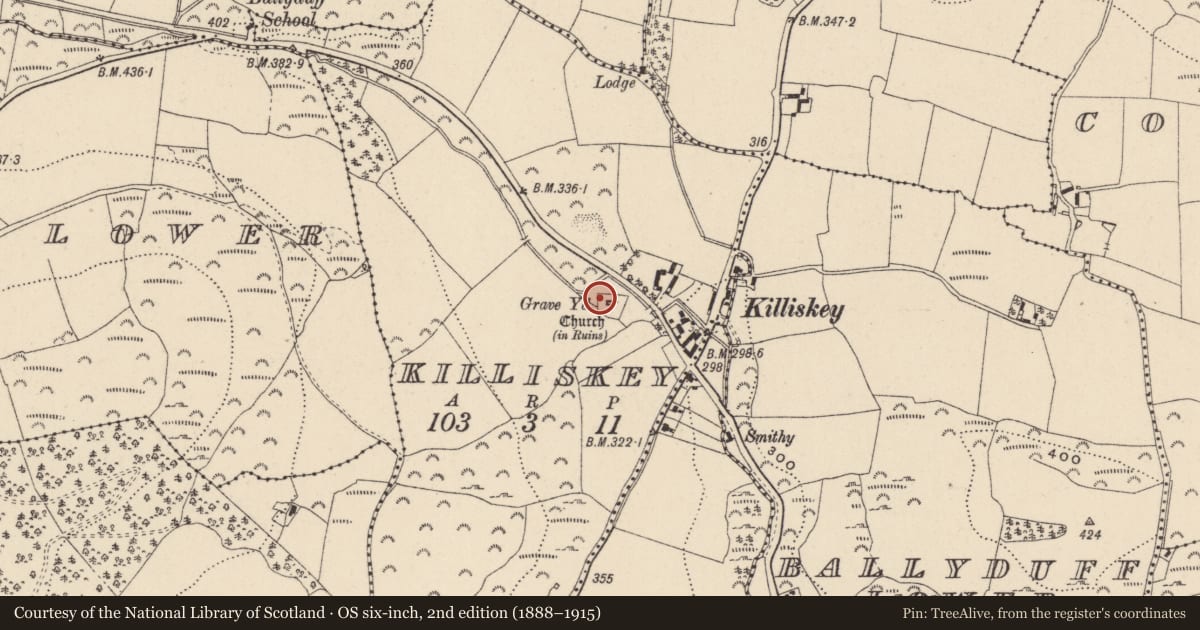 Ordnance Survey six-inch map, 2nd edition (1888–1915) covering the location of Font, Killiskey, County Wicklow, with a pin at the register's coordinates