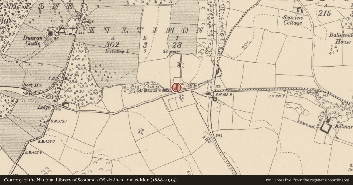 Ordnance Survey six-inch map, 2nd edition (1888–1915) covering the location of Ritual site - holy well, Kiltimon, County Wicklow, with a pin at the register's coordinates