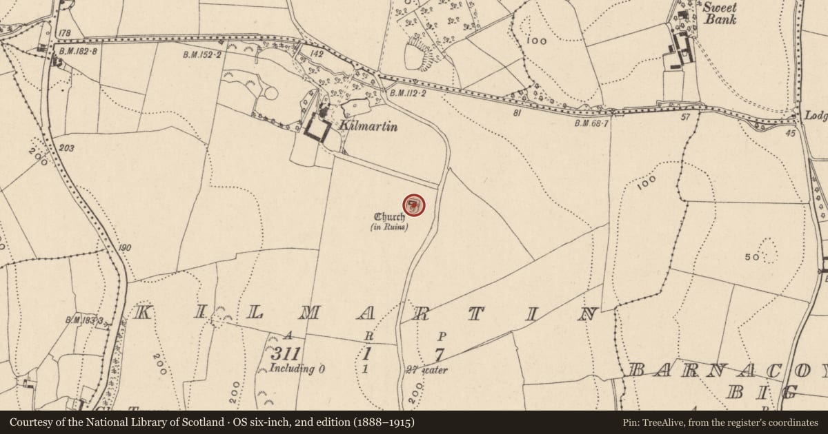 Ordnance Survey six-inch map, 2nd edition (1888–1915) covering the location of Graveyard, Kilmartin, County Wicklow, with a pin at the register's coordinates