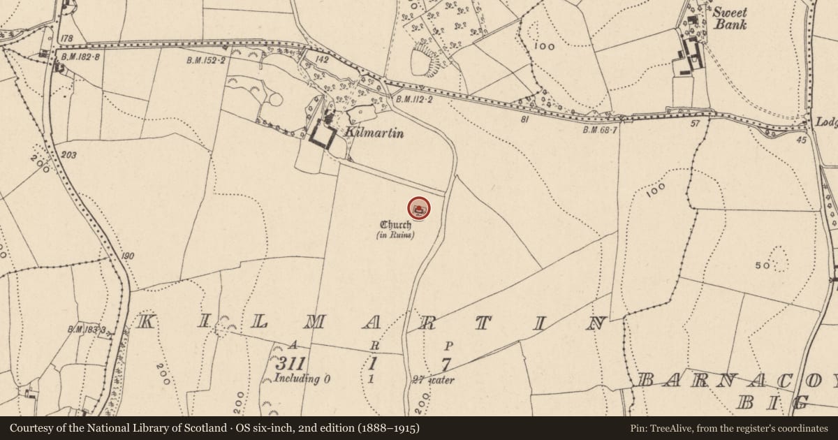 Ordnance Survey six-inch map, 2nd edition (1888–1915) covering the location of Font, Kilmartin, County Wicklow, with a pin at the register's coordinates