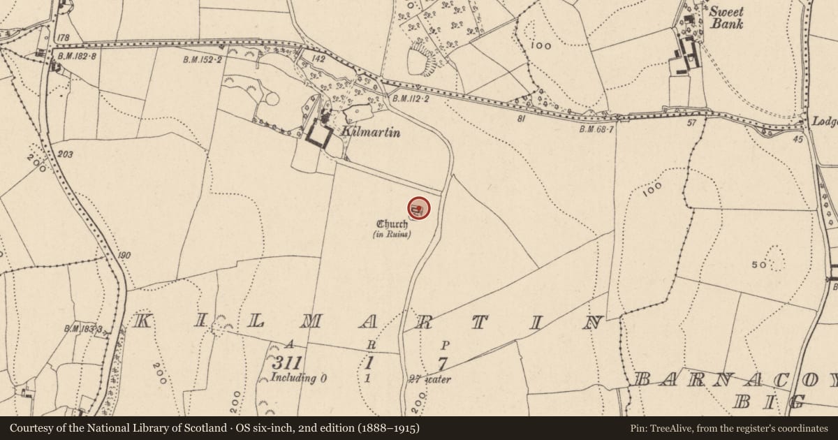Ordnance Survey six-inch map, 2nd edition (1888–1915) covering the location of Architectural feature, Kilmartin, County Wicklow, with a pin at the register's coordinates