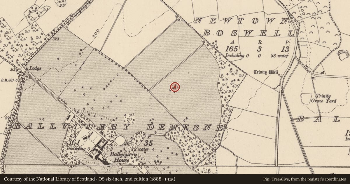 Ordnance Survey six-inch map, 2nd edition (1888–1915) covering the location of Designed landscape feature, Ballycurry Demesne, County Wicklow, with a pin at the register's coordinates