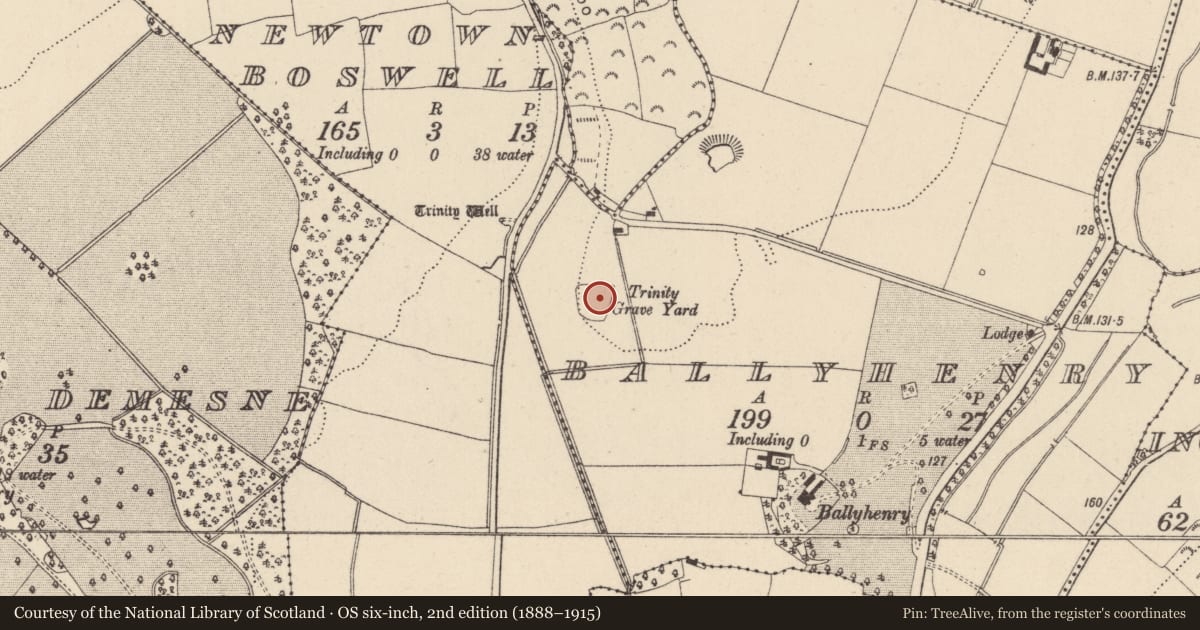 Ordnance Survey six-inch map, 2nd edition (1888–1915) covering the location of Graveyard, Ballyhenry, County Wicklow, with a pin at the register's coordinates