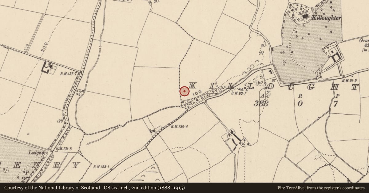 Ordnance Survey six-inch map, 2nd edition (1888–1915) covering the location of Enclosure, Killoughter, County Wicklow, with a pin at the register's coordinates
