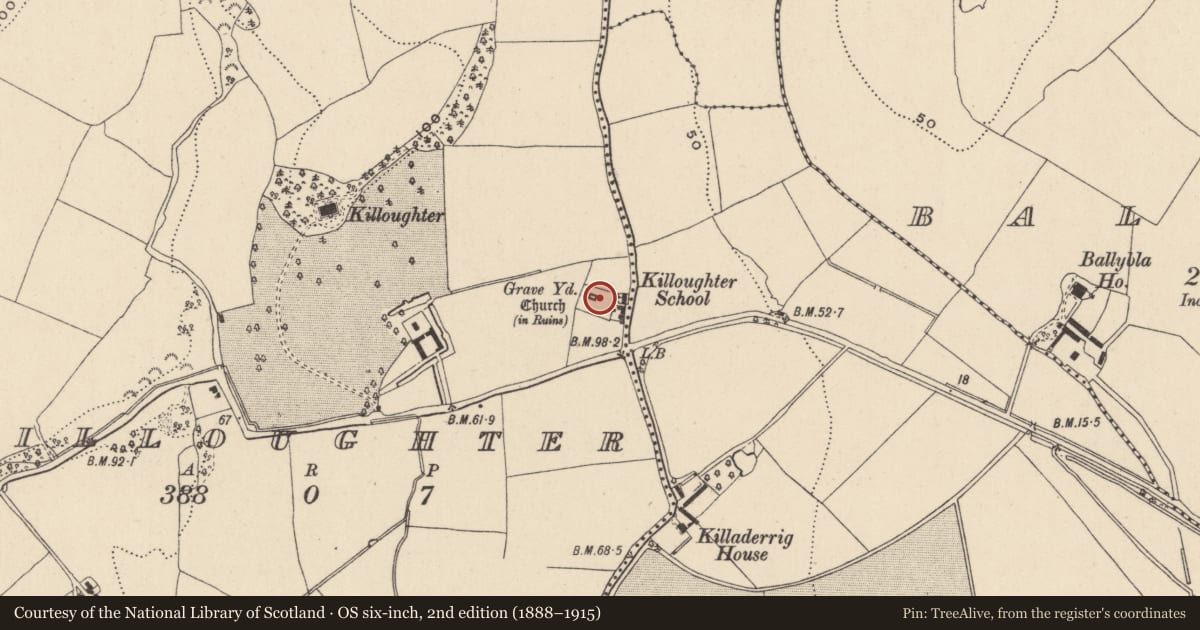 Ordnance Survey six-inch map, 2nd edition (1888–1915) covering the location of Graveyard, Killoughter, County Wicklow, with a pin at the register's coordinates