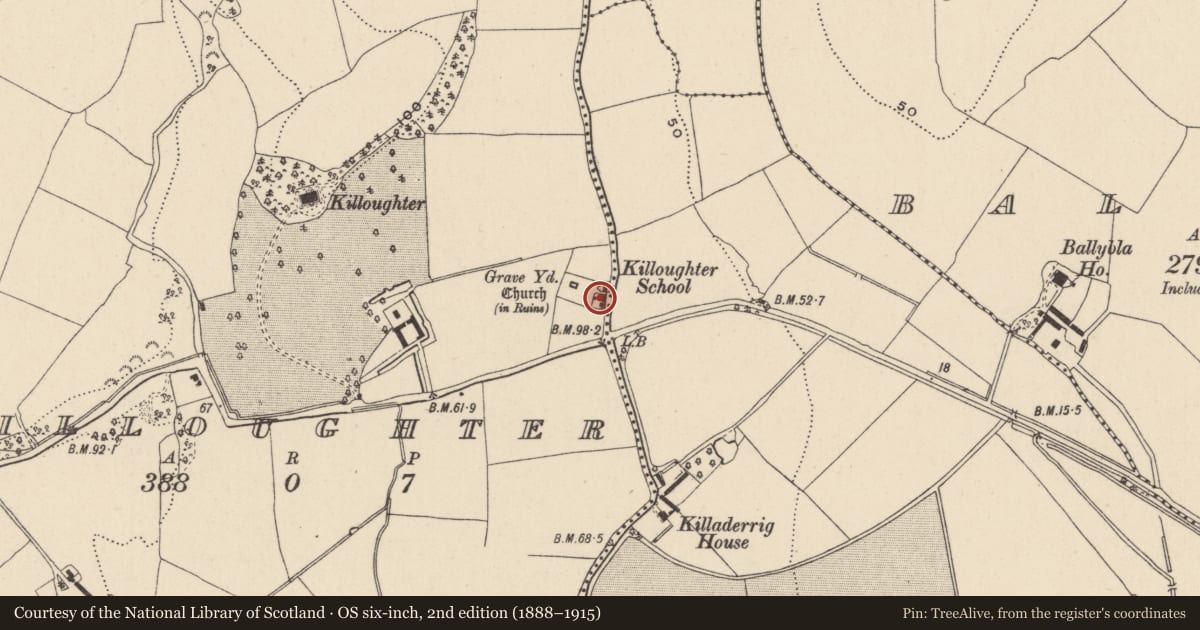 Ordnance Survey six-inch map, 2nd edition (1888–1915) covering the location of Industrial site, Killoughter, County Wicklow, with a pin at the register's coordinates