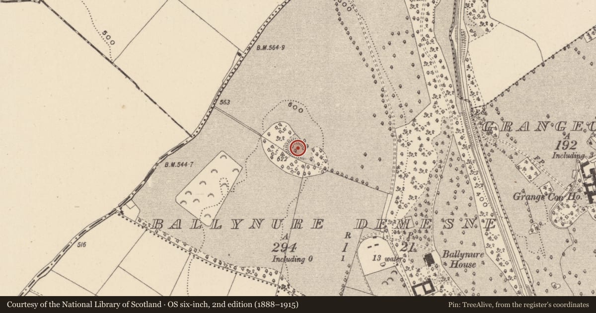 Ordnance Survey six-inch map, 2nd edition (1888–1915) covering the location of Mound, Ballynure Demesne, County Wicklow, with a pin at the register's coordinates
