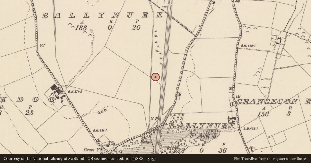 Ordnance Survey six-inch map, 2nd edition (1888–1915) covering the location of Enclosure, Ballynure, County Wicklow, with a pin at the register's coordinates