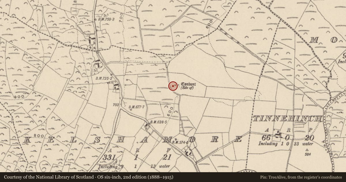 Ordnance Survey six-inch map, 2nd edition (1888–1915) covering the location of Religious house - unclassified, Kelshamore, County Wicklow, with a pin at the register's coordinates