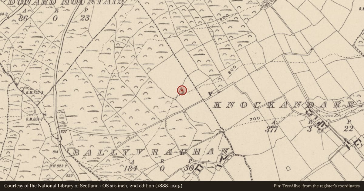 Ordnance Survey six-inch map, 2nd edition (1888–1915) covering the location of Ringfort - rath, Ballyvraghan, County Wicklow, with a pin at the register's coordinates