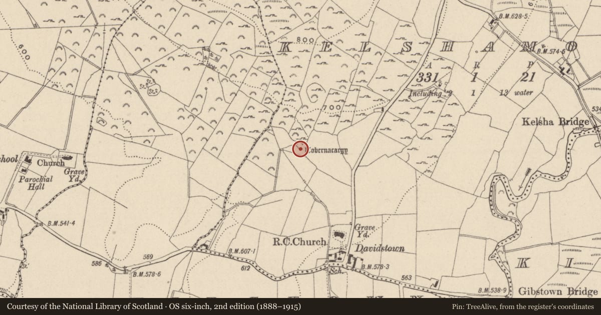 Ordnance Survey six-inch map, 2nd edition (1888–1915) covering the location of Ritual site - holy well, Kelshamore, County Wicklow, with a pin at the register's coordinates