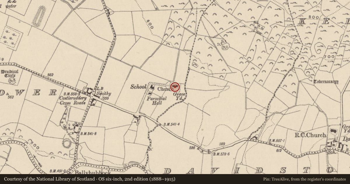 Ordnance Survey six-inch map, 2nd edition (1888–1915) covering the location of Graveyard, Donaghmore, County Wicklow, with a pin at the register's coordinates