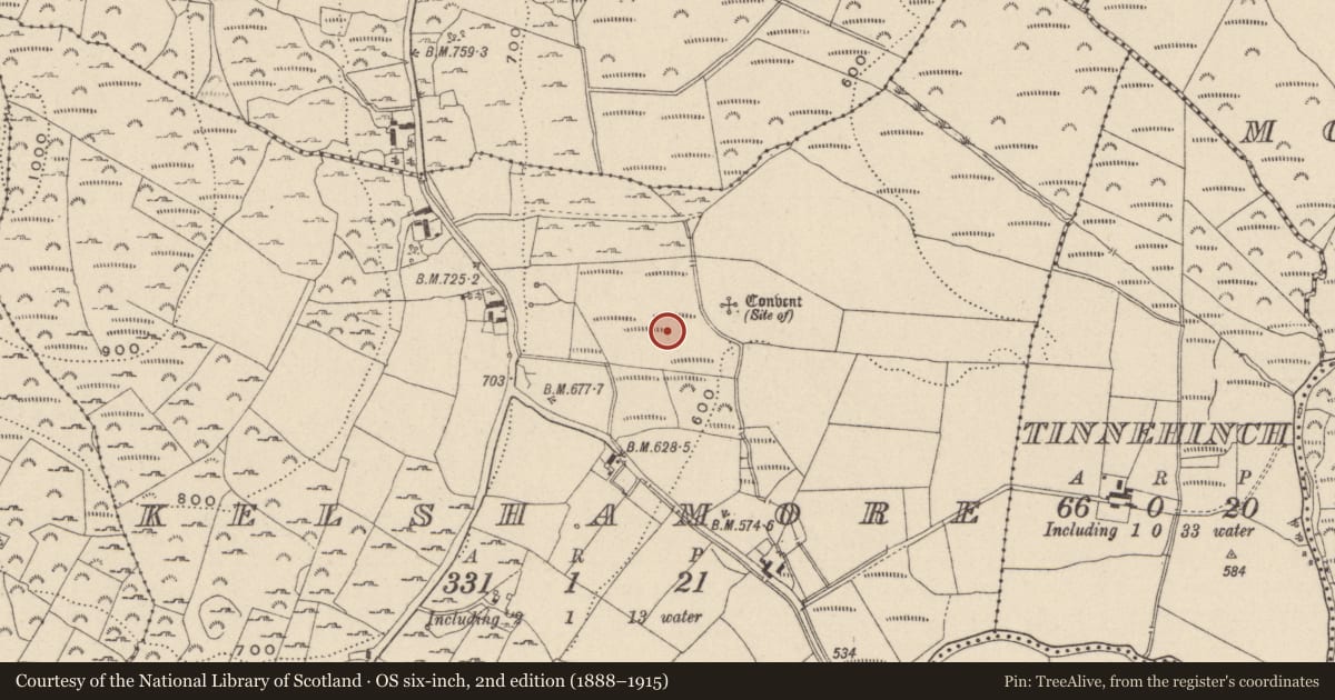 Ordnance Survey six-inch map, 2nd edition (1888–1915) covering the location of Building, Kelshamore, County Wicklow, with a pin at the register's coordinates