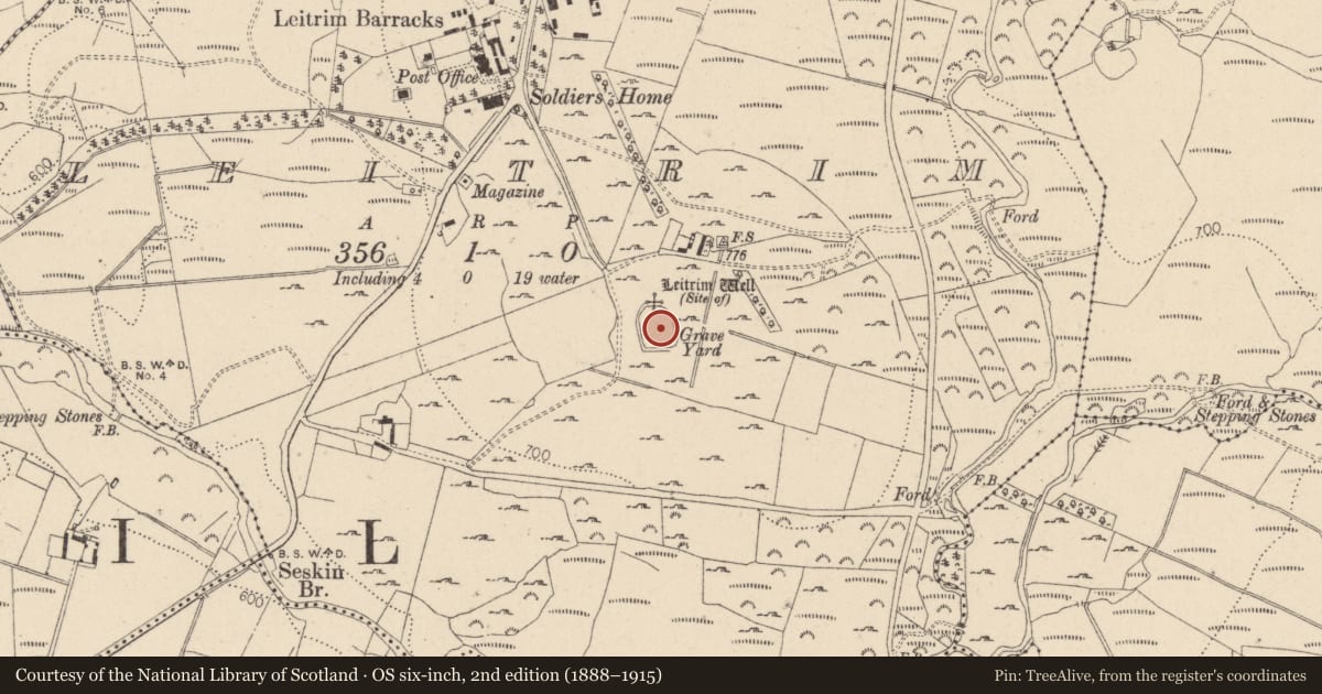 Ordnance Survey six-inch map, 2nd edition (1888–1915) covering the location of Ecclesiastical enclosure, Leitrim, County Wicklow, with a pin at the register's coordinates