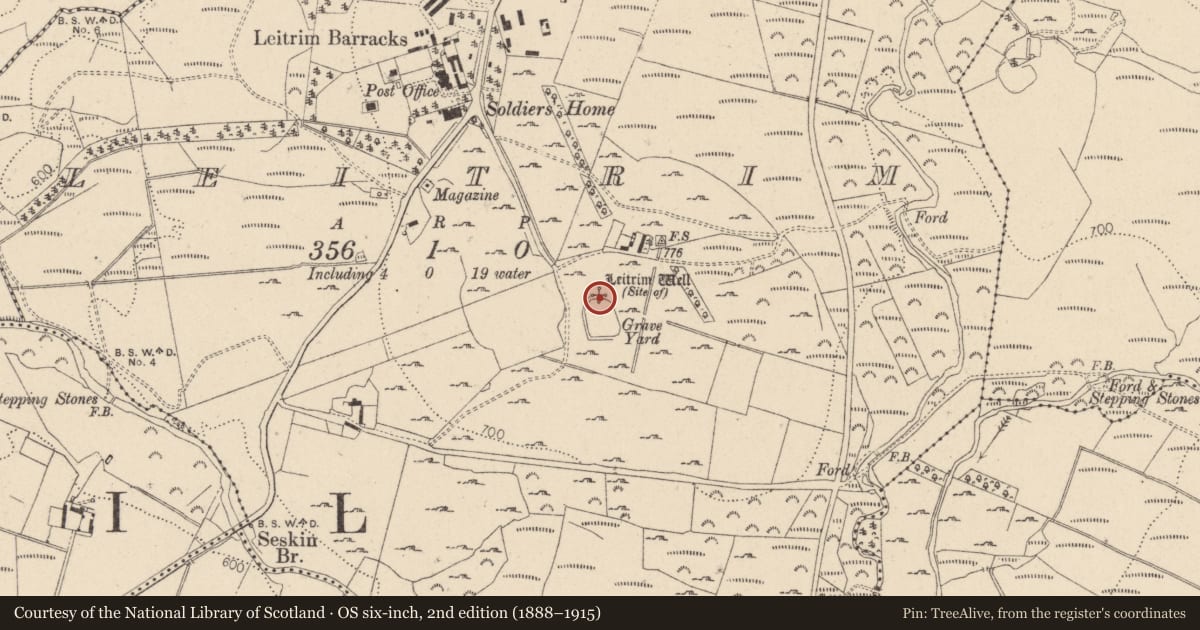 Ordnance Survey six-inch map, 2nd edition (1888–1915) covering the location of Ritual site - holy well, Leitrim, County Wicklow, with a pin at the register's coordinates