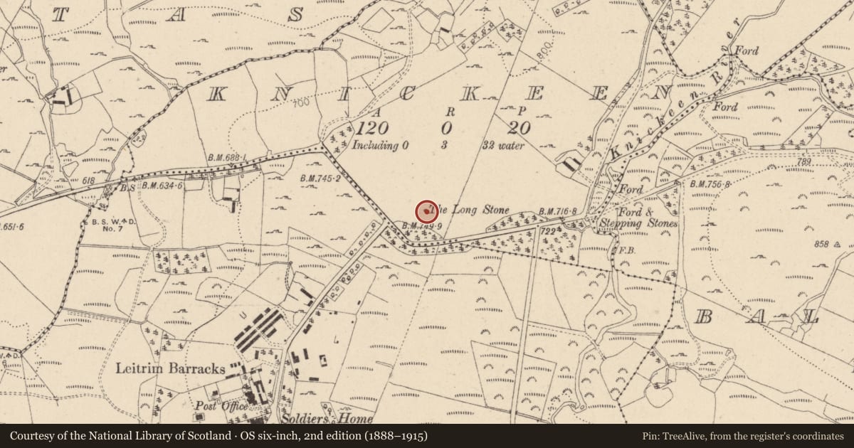 Ordnance Survey six-inch map, 2nd edition (1888–1915) covering the location of Ogham stone, Knickeen, County Wicklow, with a pin at the register's coordinates