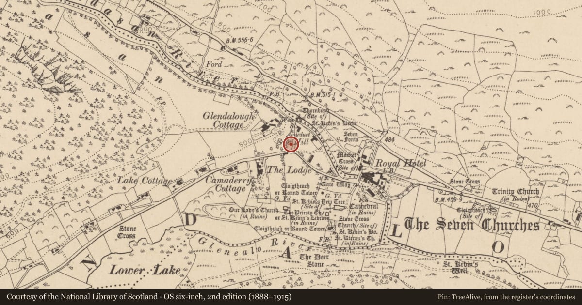 Ordnance Survey six-inch map, 2nd edition (1888–1915) covering the location of Bullaun stone, Sevenchurches Or Camaderry, County Wicklow, with a pin at the register's coordinates