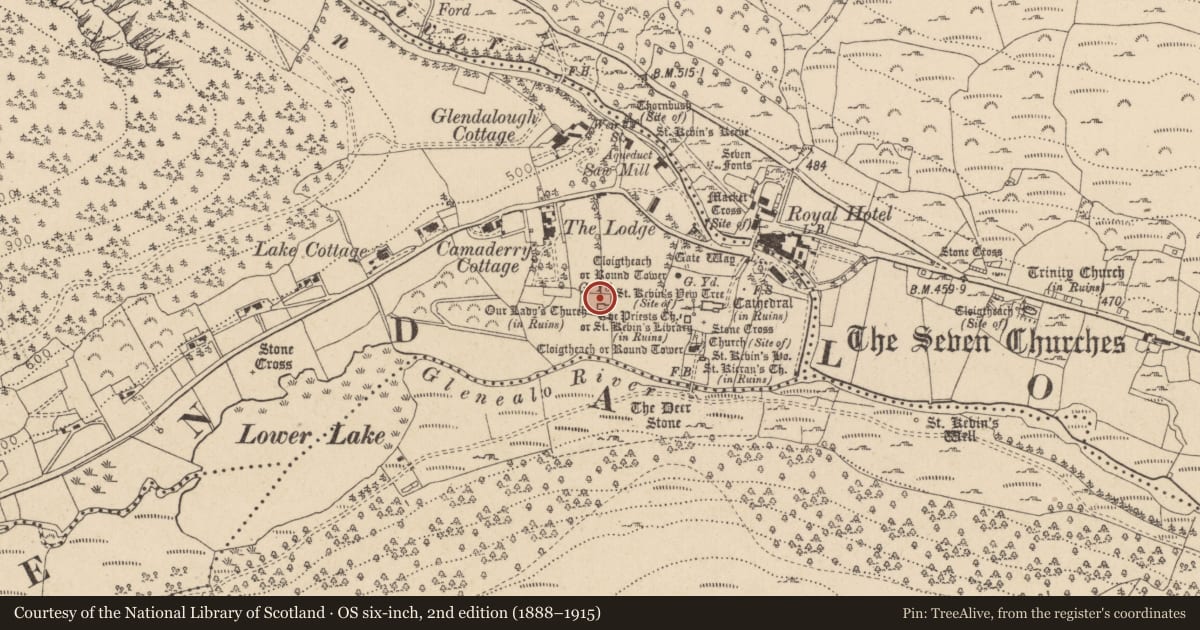 Ordnance Survey six-inch map, 2nd edition (1888–1915) covering the location of Cross-slab, Sevenchurches Or Camaderry, County Wicklow, with a pin at the register's coordinates