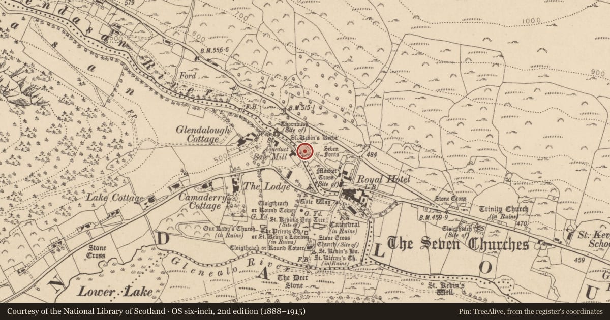 Ordnance Survey six-inch map, 2nd edition (1888–1915) covering the location of Bullaun stone, Sevenchurches Or Camaderry, County Wicklow, with a pin at the register's coordinates