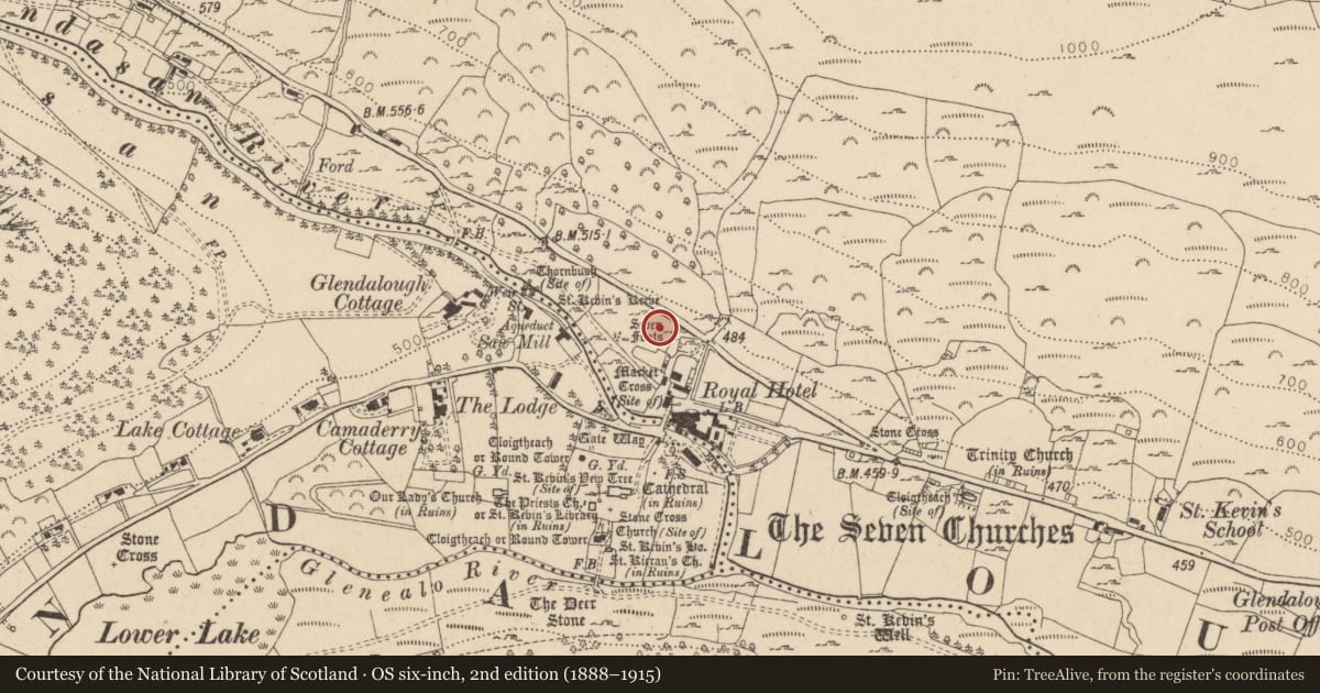 Ordnance Survey six-inch map, 2nd edition (1888–1915) covering the location of Bullaun stone, Brockagh, County Wicklow, with a pin at the register's coordinates