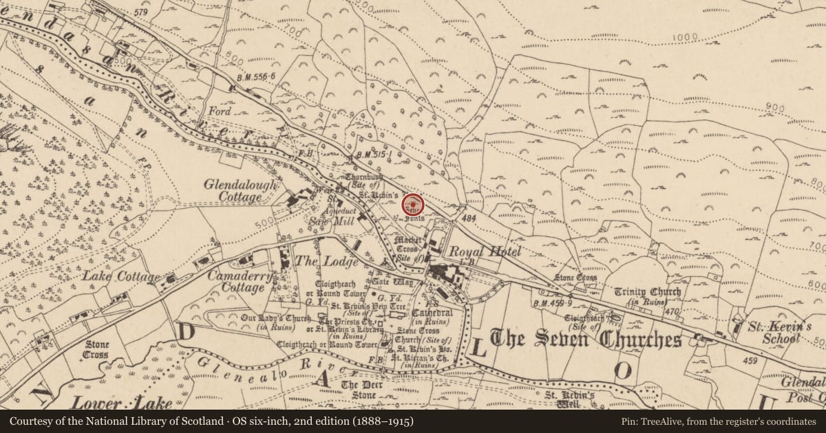 Ordnance Survey six-inch map, 2nd edition (1888–1915) covering the location of Bullaun stone, Brockagh, County Wicklow, with a pin at the register's coordinates