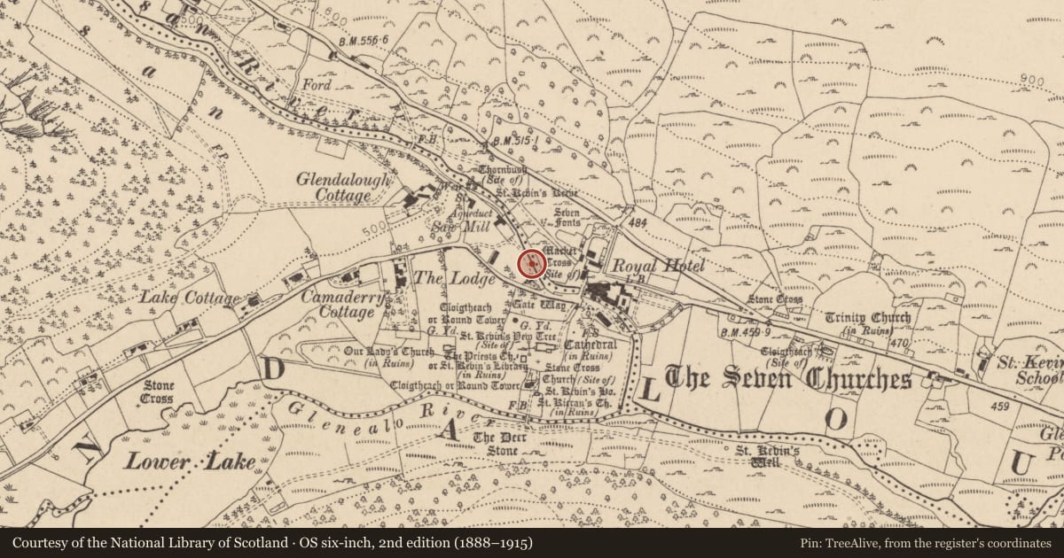 Ordnance Survey six-inch map, 2nd edition (1888–1915) covering the location of Bullaun stone, Sevenchurches Or Camaderry, County Wicklow, with a pin at the register's coordinates