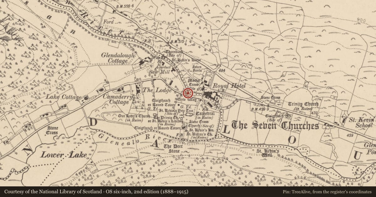 Ordnance Survey six-inch map, 2nd edition (1888–1915) covering the location of Cross, Sevenchurches Or Camaderry, County Wicklow, with a pin at the register's coordinates