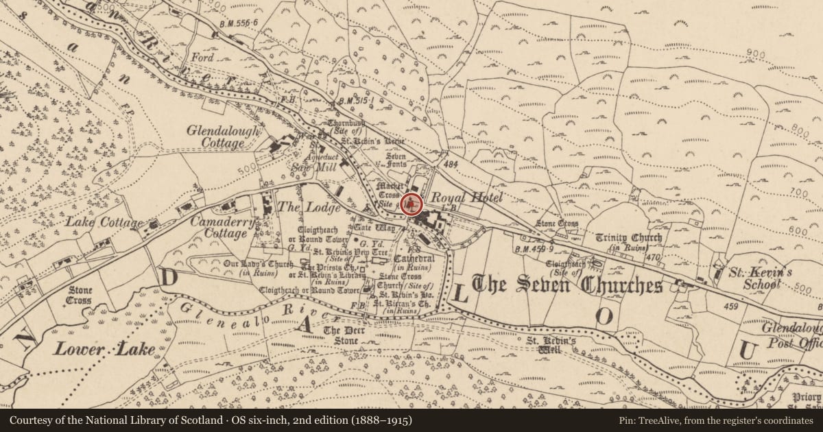 Ordnance Survey six-inch map, 2nd edition (1888–1915) covering the location of Cross - High cross, Brockagh, County Wicklow, with a pin at the register's coordinates