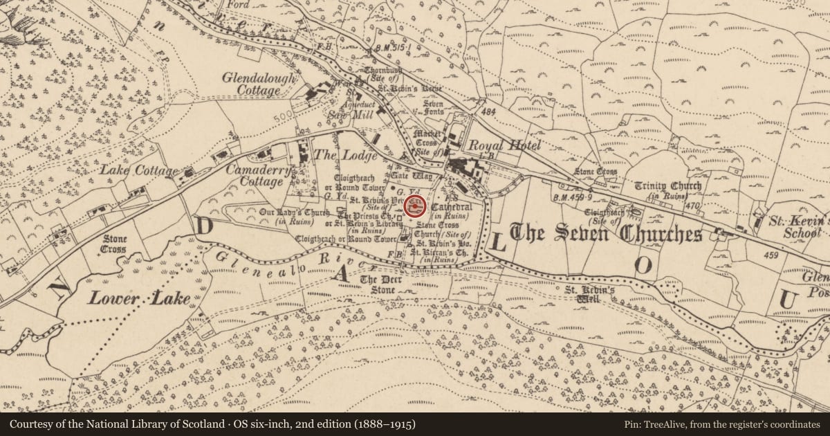 Ordnance Survey six-inch map, 2nd edition (1888–1915) covering the location of Cathedral, Sevenchurches Or Camaderry, County Wicklow, with a pin at the register's coordinates