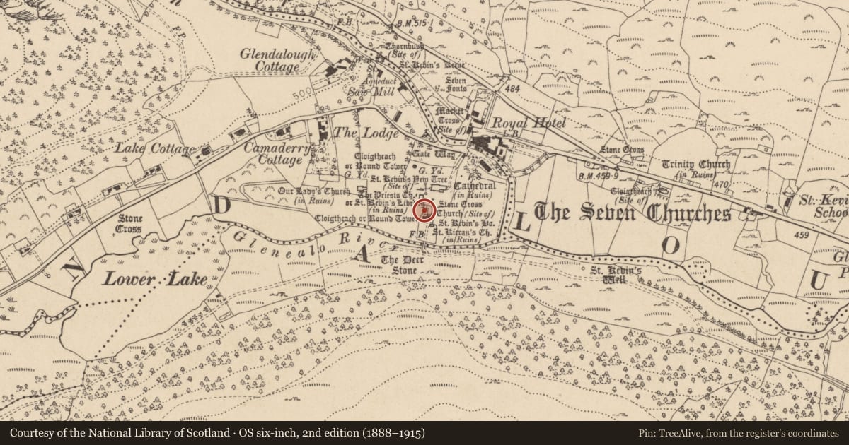 Ordnance Survey six-inch map, 2nd edition (1888–1915) covering the location of Church, Sevenchurches Or Camaderry, County Wicklow, with a pin at the register's coordinates