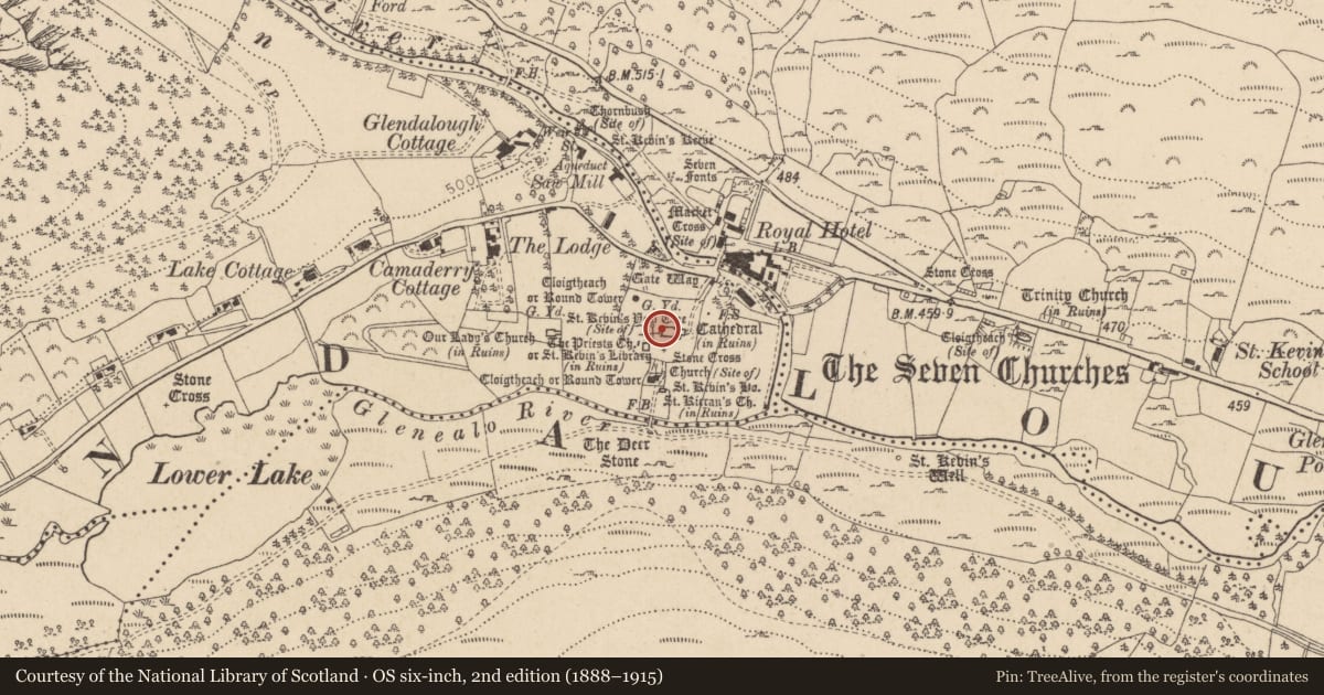 Ordnance Survey six-inch map, 2nd edition (1888–1915) covering the location of Architectural fragment, Sevenchurches Or Camaderry, County Wicklow, with a pin at the register's coordinates