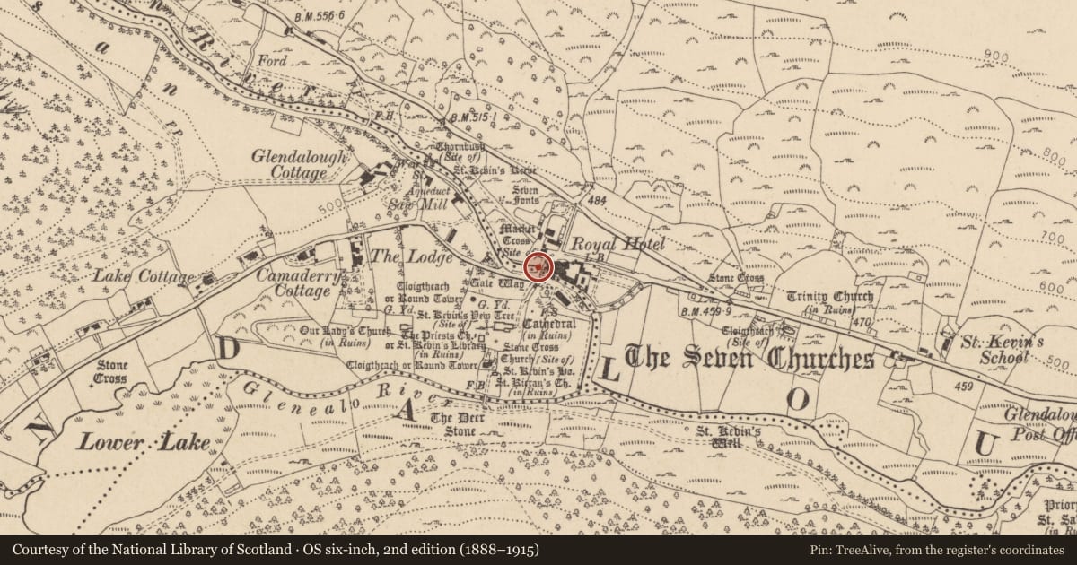 Ordnance Survey six-inch map, 2nd edition (1888–1915) covering the location of Bridge, Brockagh, Sevenchurches Or Camaderry, County Wicklow, with a pin at the register's coordinates