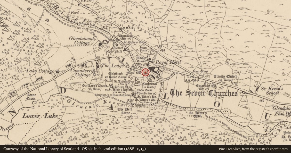 Ordnance Survey six-inch map, 2nd edition (1888–1915) covering the location of Cross-slab, Sevenchurches Or Camaderry, County Wicklow, with a pin at the register's coordinates