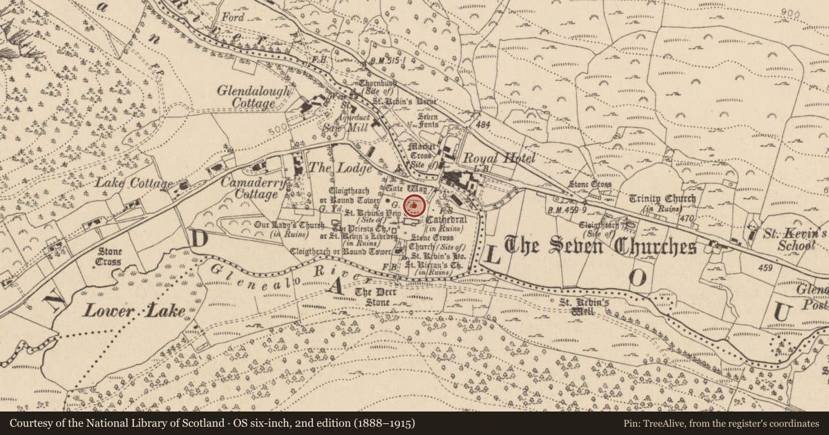 Ordnance Survey six-inch map, 2nd edition (1888–1915) covering the location of Cross, Sevenchurches Or Camaderry, County Wicklow, with a pin at the register's coordinates
