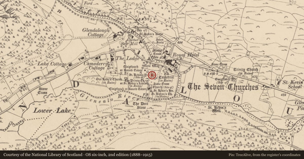 Ordnance Survey six-inch map, 2nd edition (1888–1915) covering the location of Cross-slab, Sevenchurches Or Camaderry, County Wicklow, with a pin at the register's coordinates
