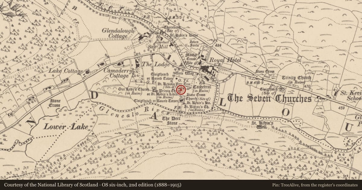 Ordnance Survey six-inch map, 2nd edition (1888–1915) covering the location of Cross-slab, Sevenchurches Or Camaderry, County Wicklow, with a pin at the register's coordinates