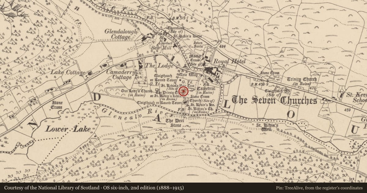 Ordnance Survey six-inch map, 2nd edition (1888–1915) covering the location of Cross-slab, Sevenchurches Or Camaderry, County Wicklow, with a pin at the register's coordinates