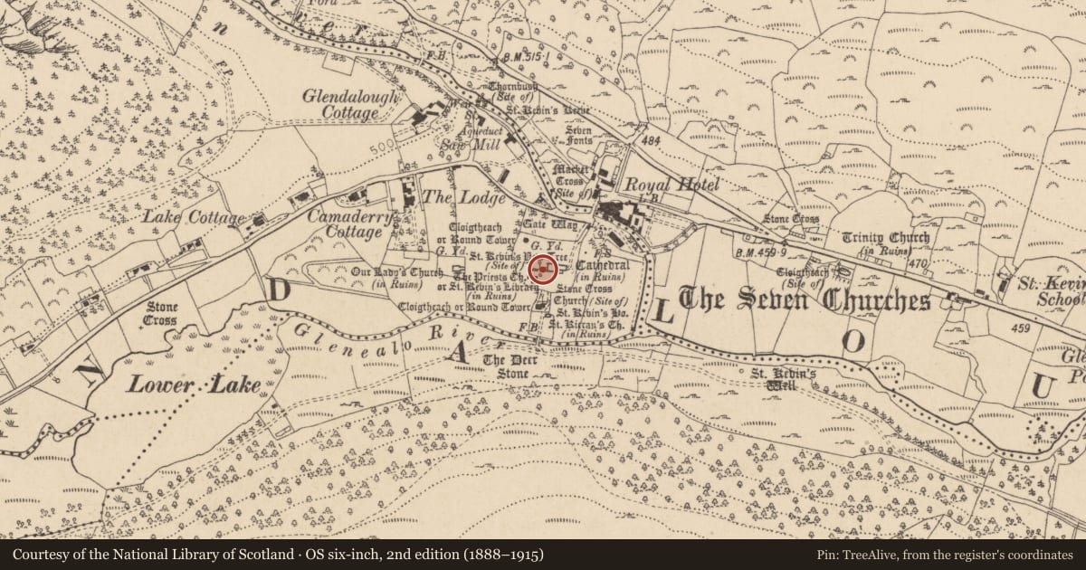 Ordnance Survey six-inch map, 2nd edition (1888–1915) covering the location of Cross-slab, Sevenchurches Or Camaderry, County Wicklow, with a pin at the register's coordinates