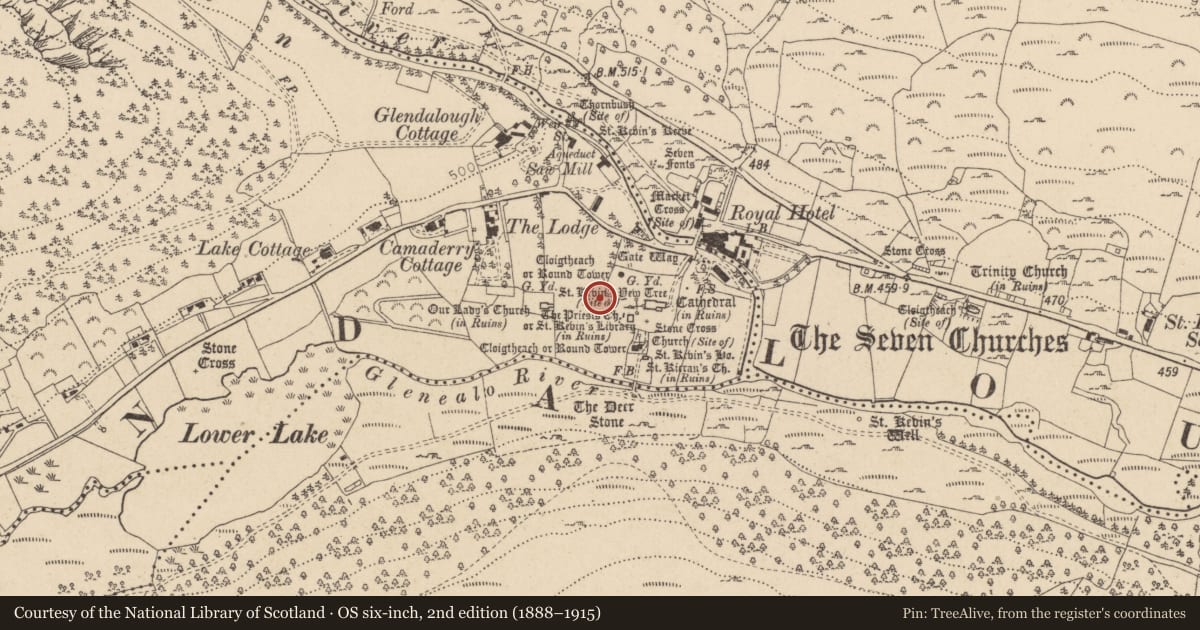 Ordnance Survey six-inch map, 2nd edition (1888–1915) covering the location of Inscribed slab, Sevenchurches Or Camaderry, County Wicklow, with a pin at the register's coordinates
