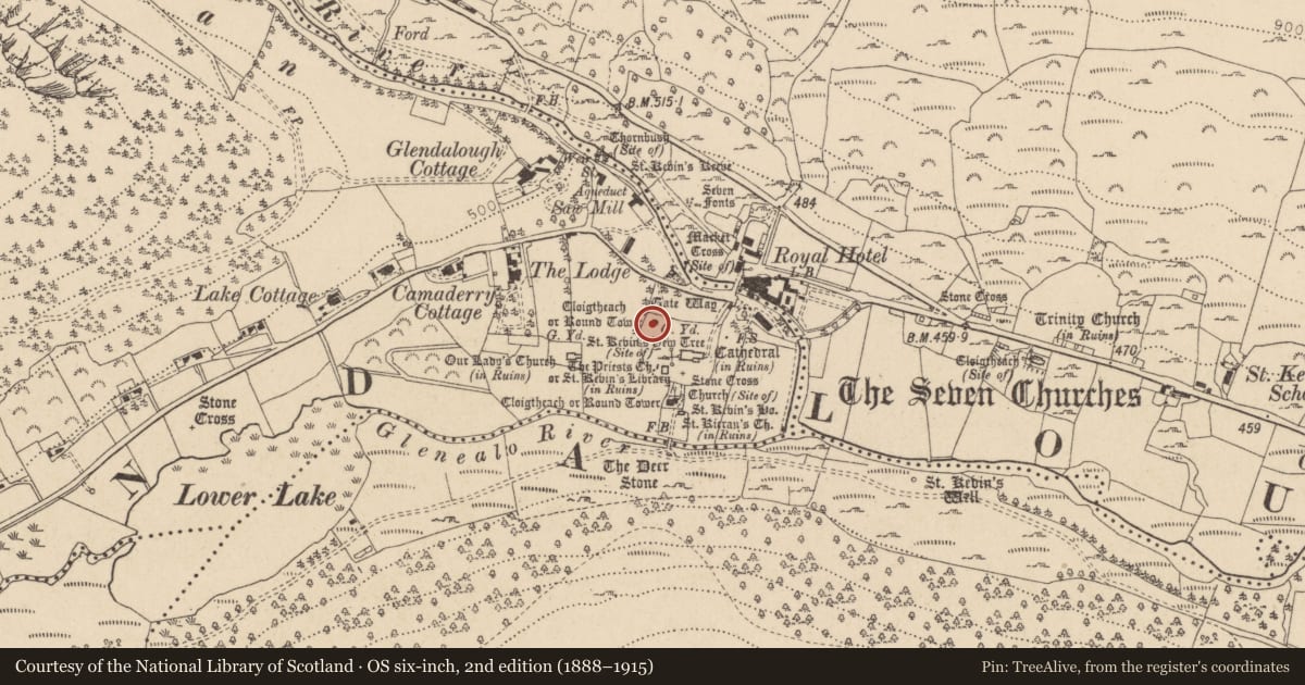 Ordnance Survey six-inch map, 2nd edition (1888–1915) covering the location of Cross-slab, Sevenchurches Or Camaderry, County Wicklow, with a pin at the register's coordinates