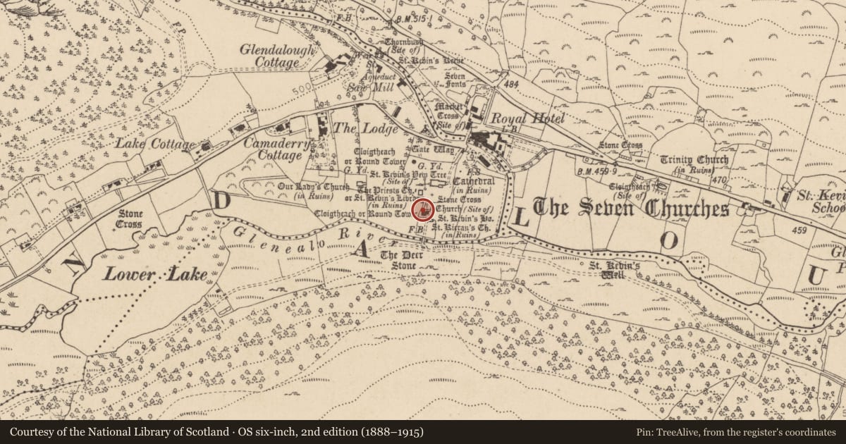Ordnance Survey six-inch map, 2nd edition (1888–1915) covering the location of Church, Sevenchurches Or Camaderry, County Wicklow, with a pin at the register's coordinates