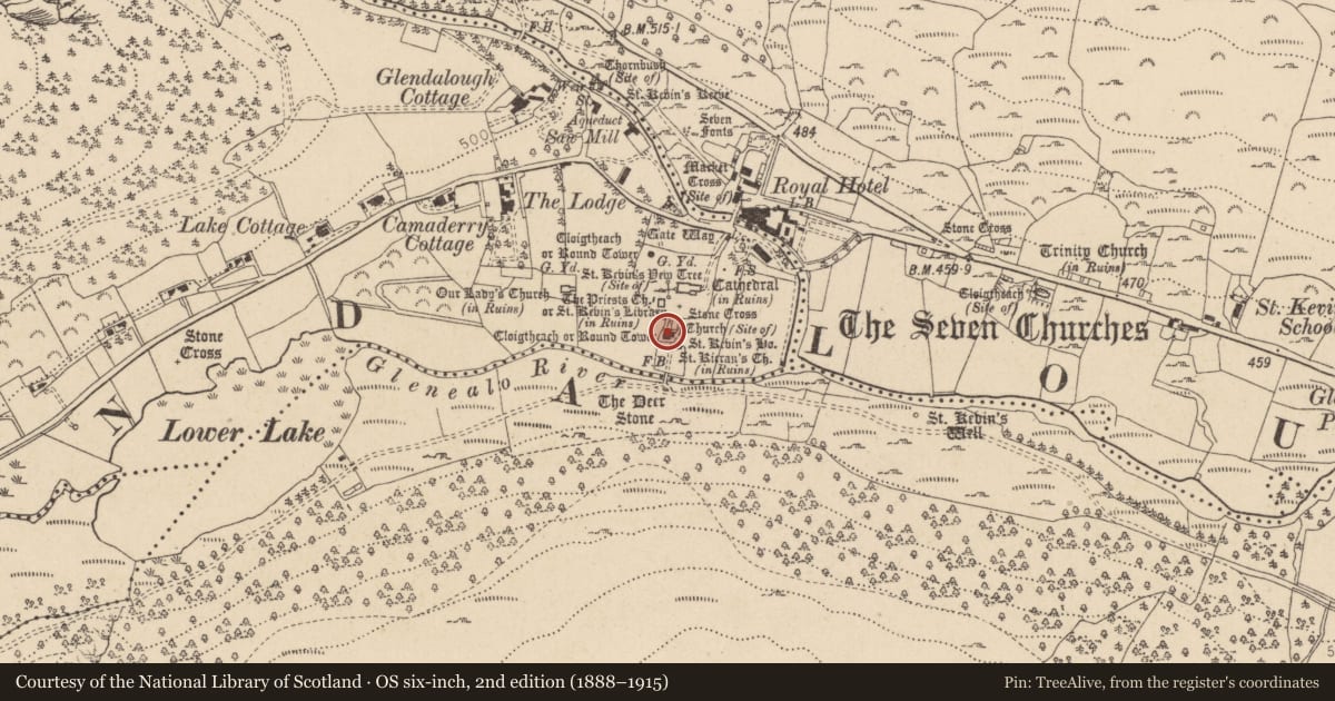 Ordnance Survey six-inch map, 2nd edition (1888–1915) covering the location of Cross-slab, Sevenchurches Or Camaderry, County Wicklow, with a pin at the register's coordinates