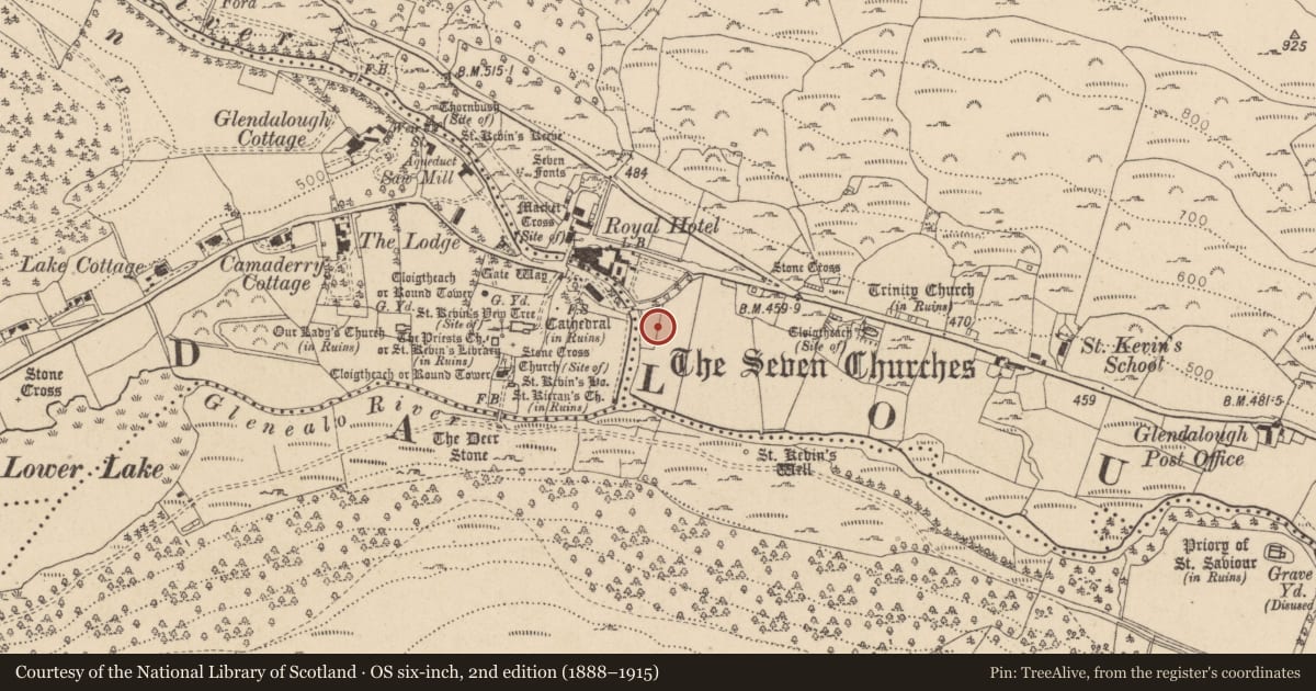 Ordnance Survey six-inch map, 2nd edition (1888–1915) covering the location of Cross, Sevenchurches Or Camaderry, County Wicklow, with a pin at the register's coordinates