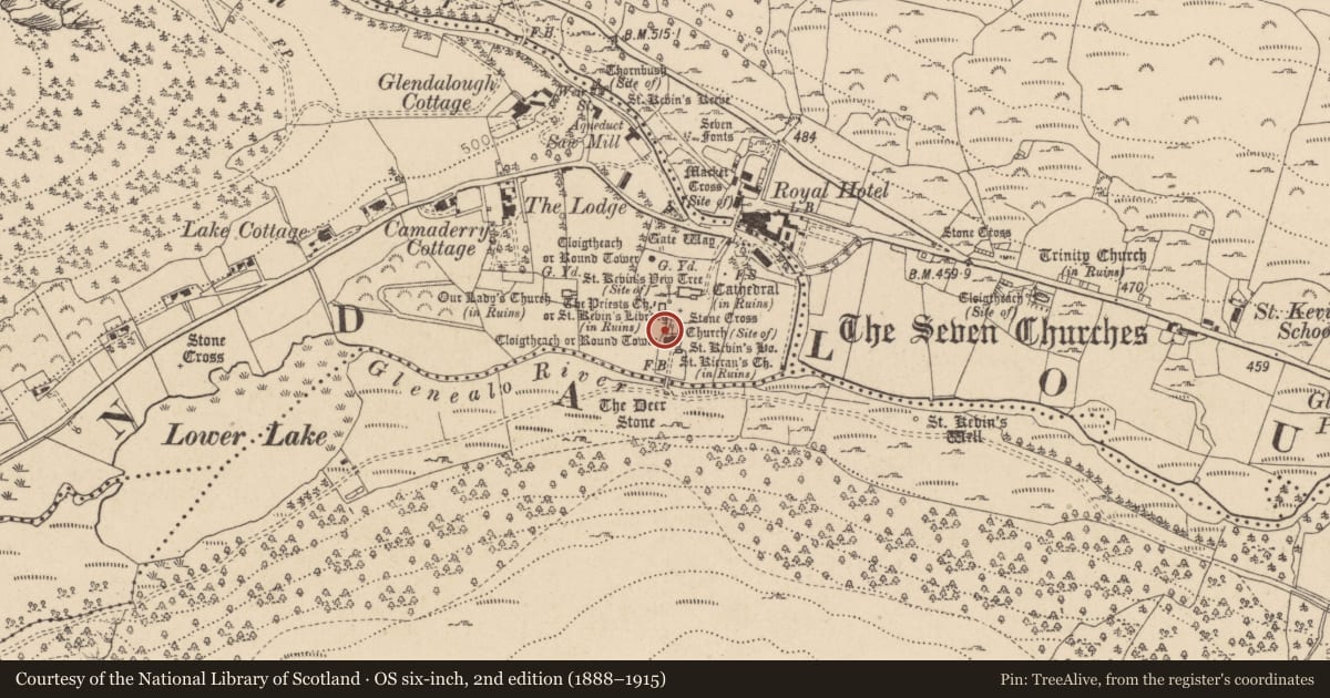 Ordnance Survey six-inch map, 2nd edition (1888–1915) covering the location of Cross, Sevenchurches Or Camaderry, County Wicklow, with a pin at the register's coordinates