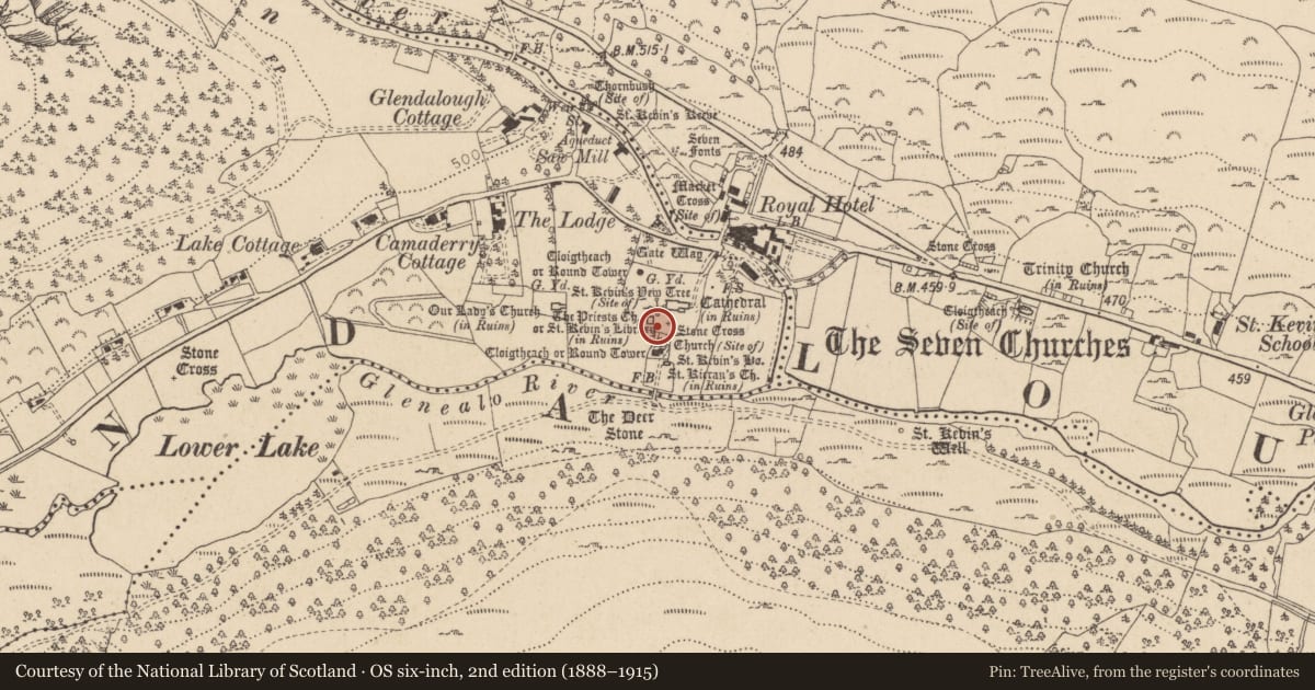 Ordnance Survey six-inch map, 2nd edition (1888–1915) covering the location of Cross-slab, Sevenchurches Or Camaderry, County Wicklow, with a pin at the register's coordinates