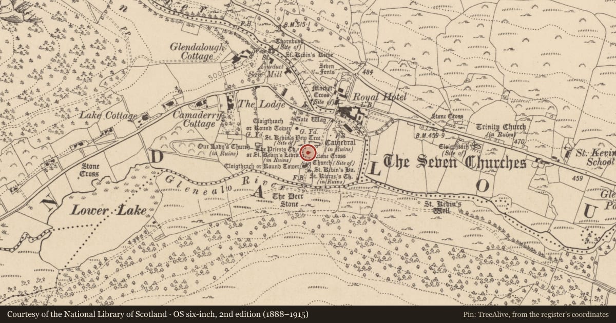 Ordnance Survey six-inch map, 2nd edition (1888–1915) covering the location of Cross-slab, Sevenchurches Or Camaderry, County Wicklow, with a pin at the register's coordinates